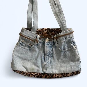 Denim Tote Bag with Leopard Print Trim
